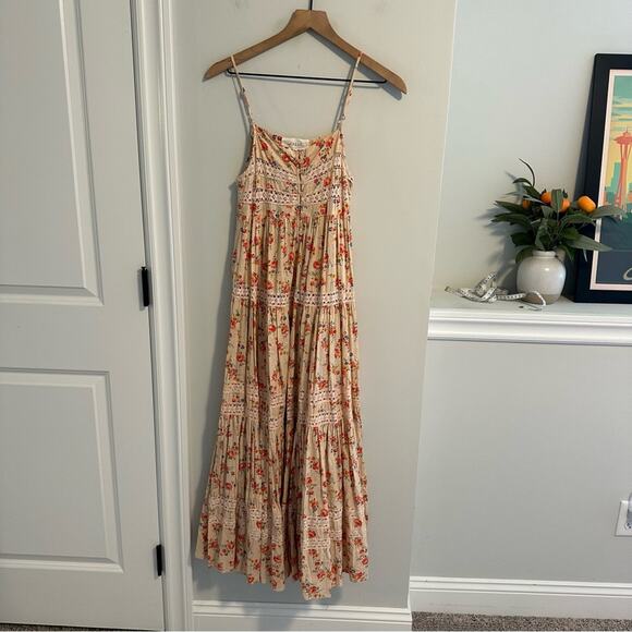 THE GREAT. Cream Red Cotton Floral Lace Tiered Maxi Dress 0 Small - Picture 11 of 12